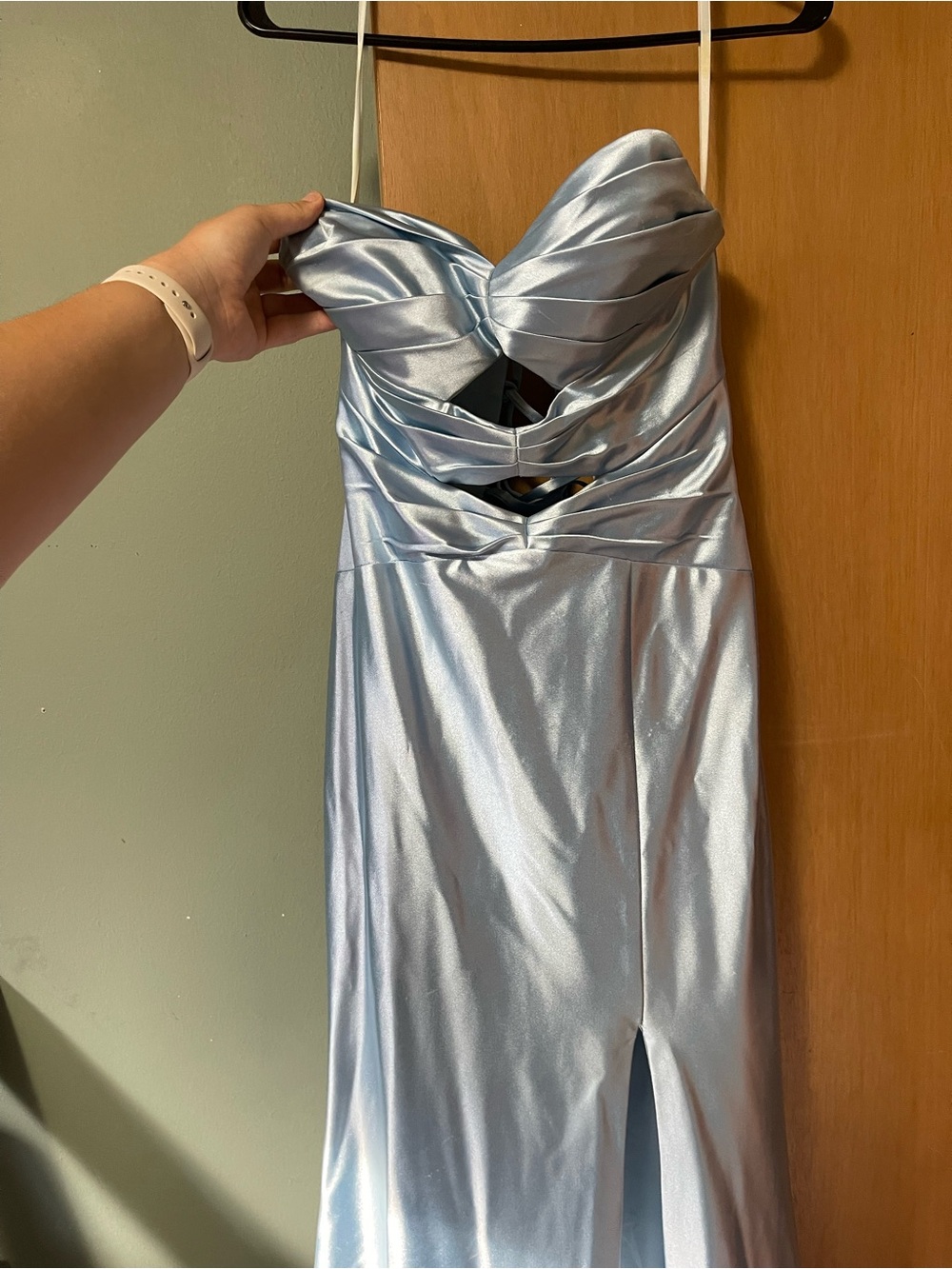 Strapless Shiny Light Blue Prom Dress with Front Design